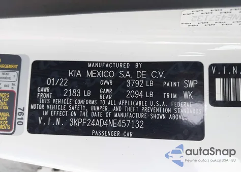 2022 Kia Forte Lxs from USA, damaged, VIN 3KPF24AD4NE457132